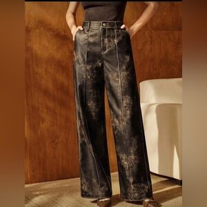 Stylish Vegan Leather Weathered Brown Wide-Leg Pants